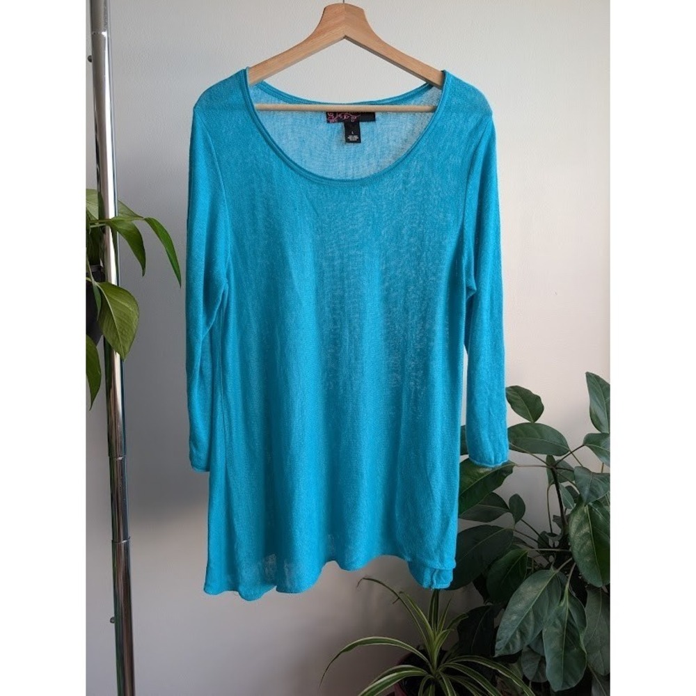 vintage Y2K knit top 100% linen shirt L turquoise boho festival fairy crochet